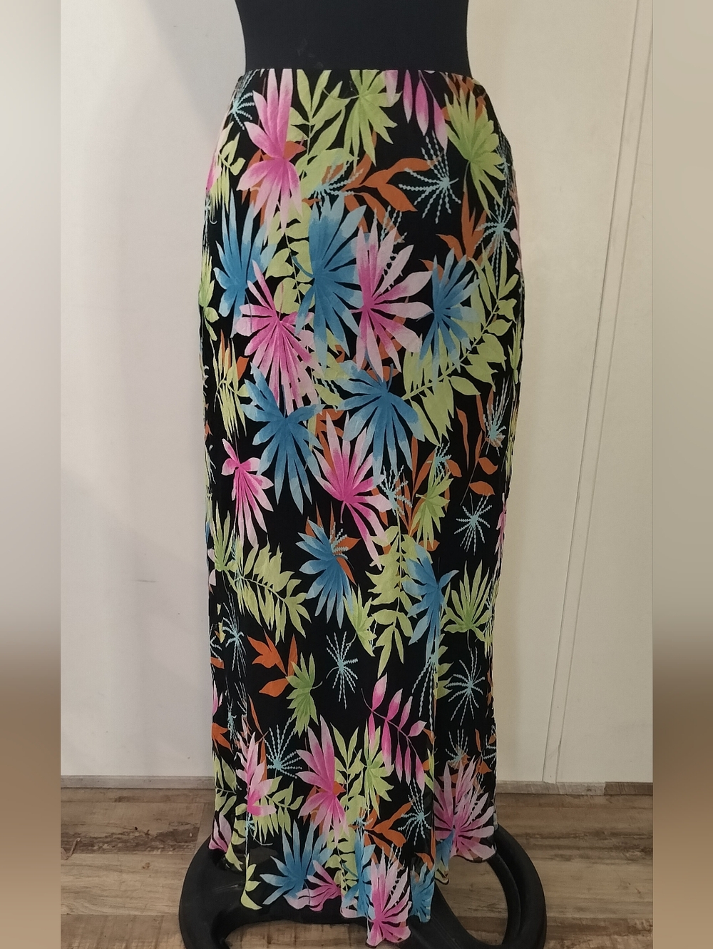 Karen Kane Black Maxi Skirt with Bright Tropical Floral Print